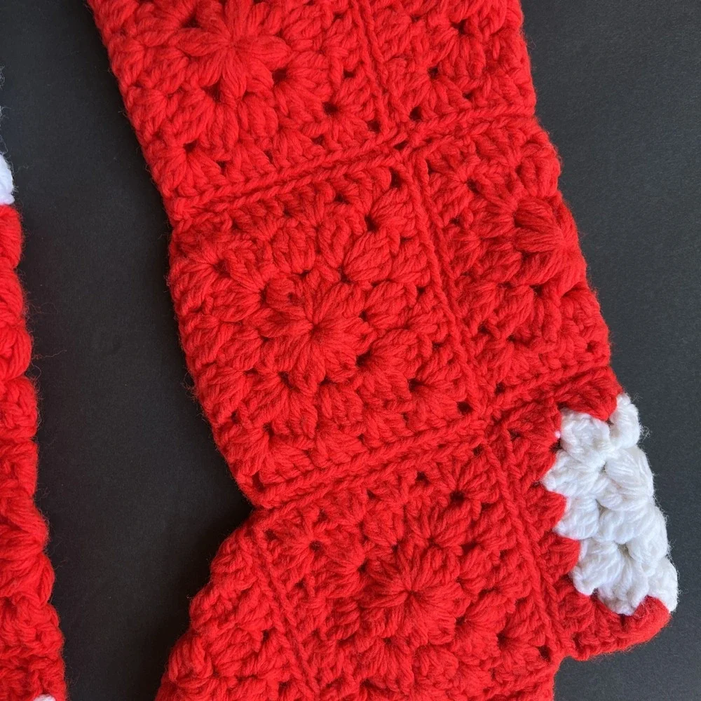 VTG Crochet Christmas Stockings Pair Red White Granny Squares Handmade 21